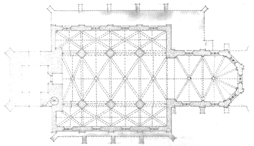 frühgotische Basilika,
 Rekonstruktion des Grundrisses,
 Mengel