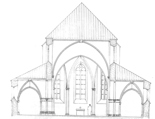 frühgotische Basilika,
 Rekonstruktion des Querschnitts,
 Mengel