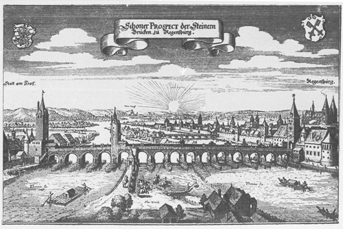 Kupferstich Steinerne Brücke Regensburg, 1644