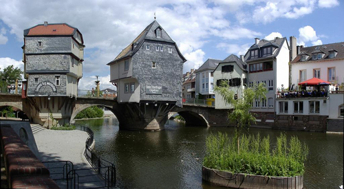 Ansicht Alte Nahebrücke Bad Kreuznach, linker Brückenarm mit Brückenhäusern, 2015